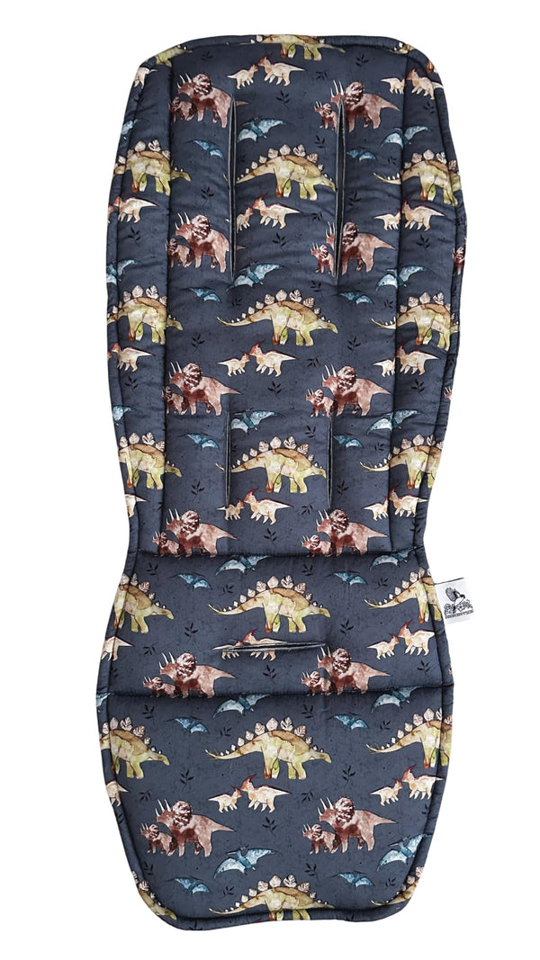 Stroller seat cover with dinosaur pattern on a white background