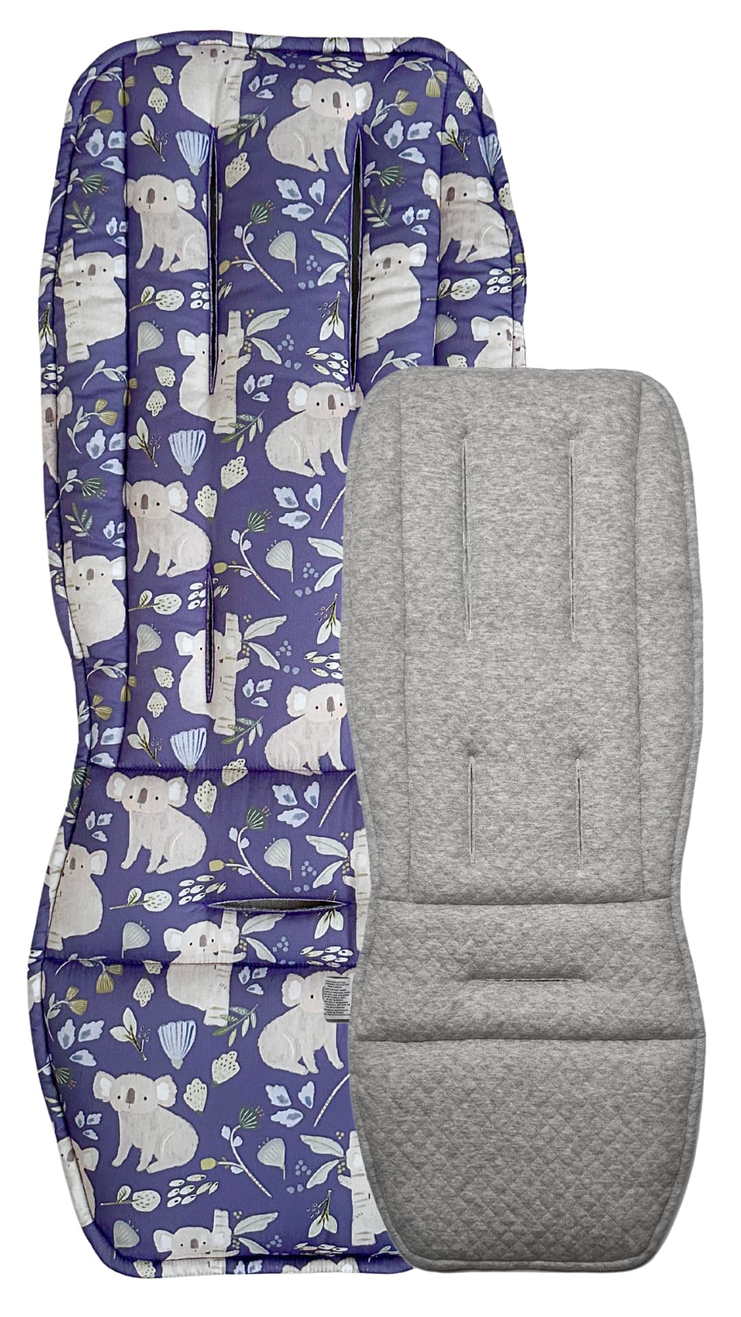 stroller pad cover with koala pattern on purple fabric and gray  backing 