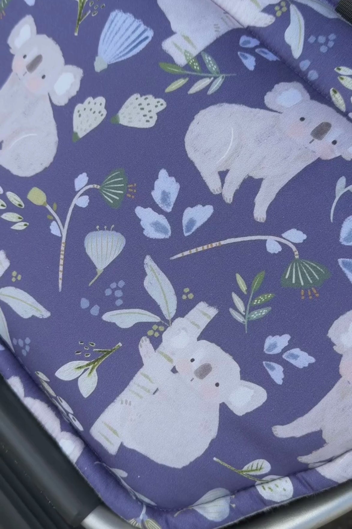 Universal pram liner koala print navy blue stroller installation fit demonstration