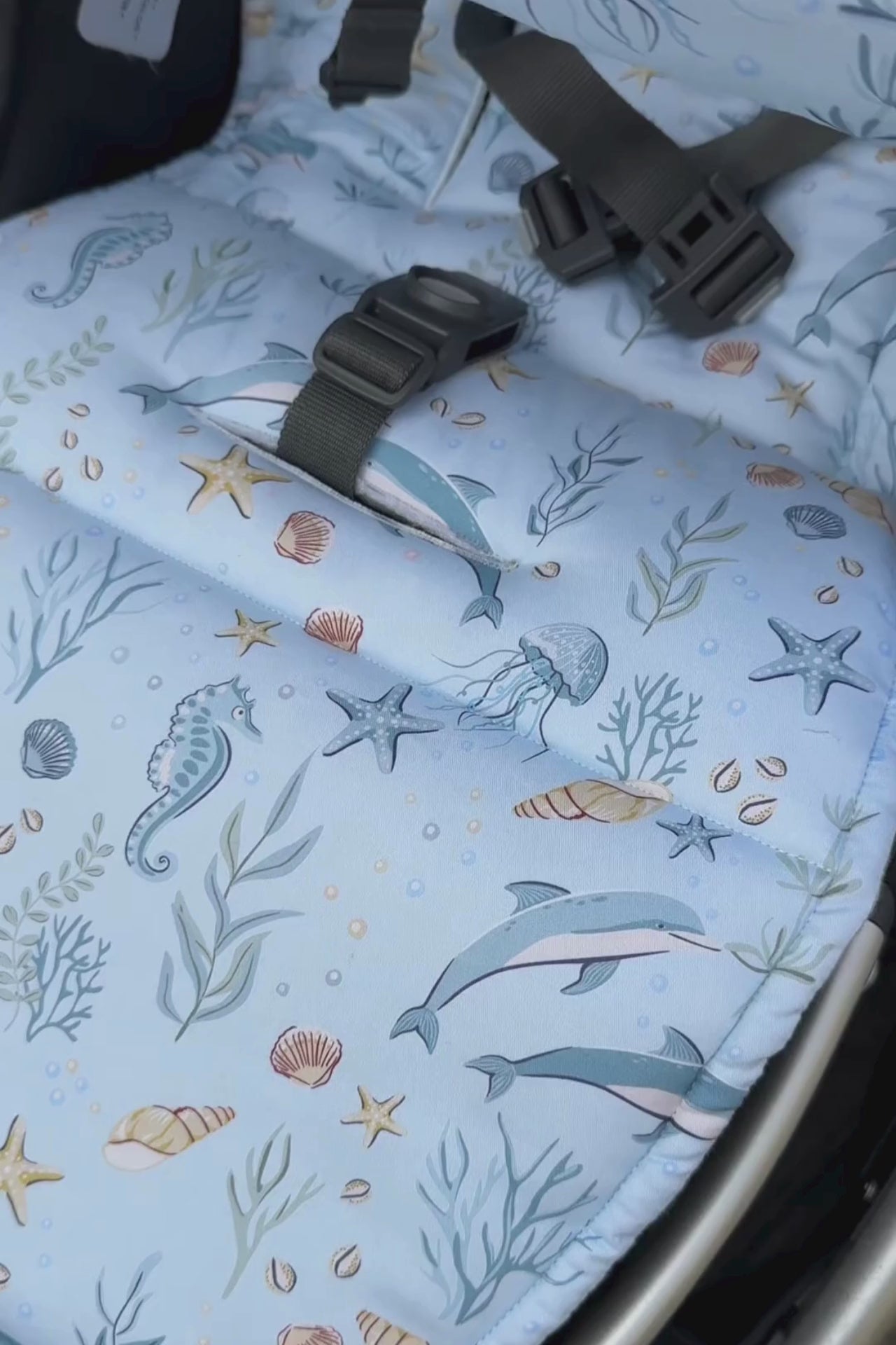 Universal pram liner blue ocean sea life print stroller installation fit demonstration video
