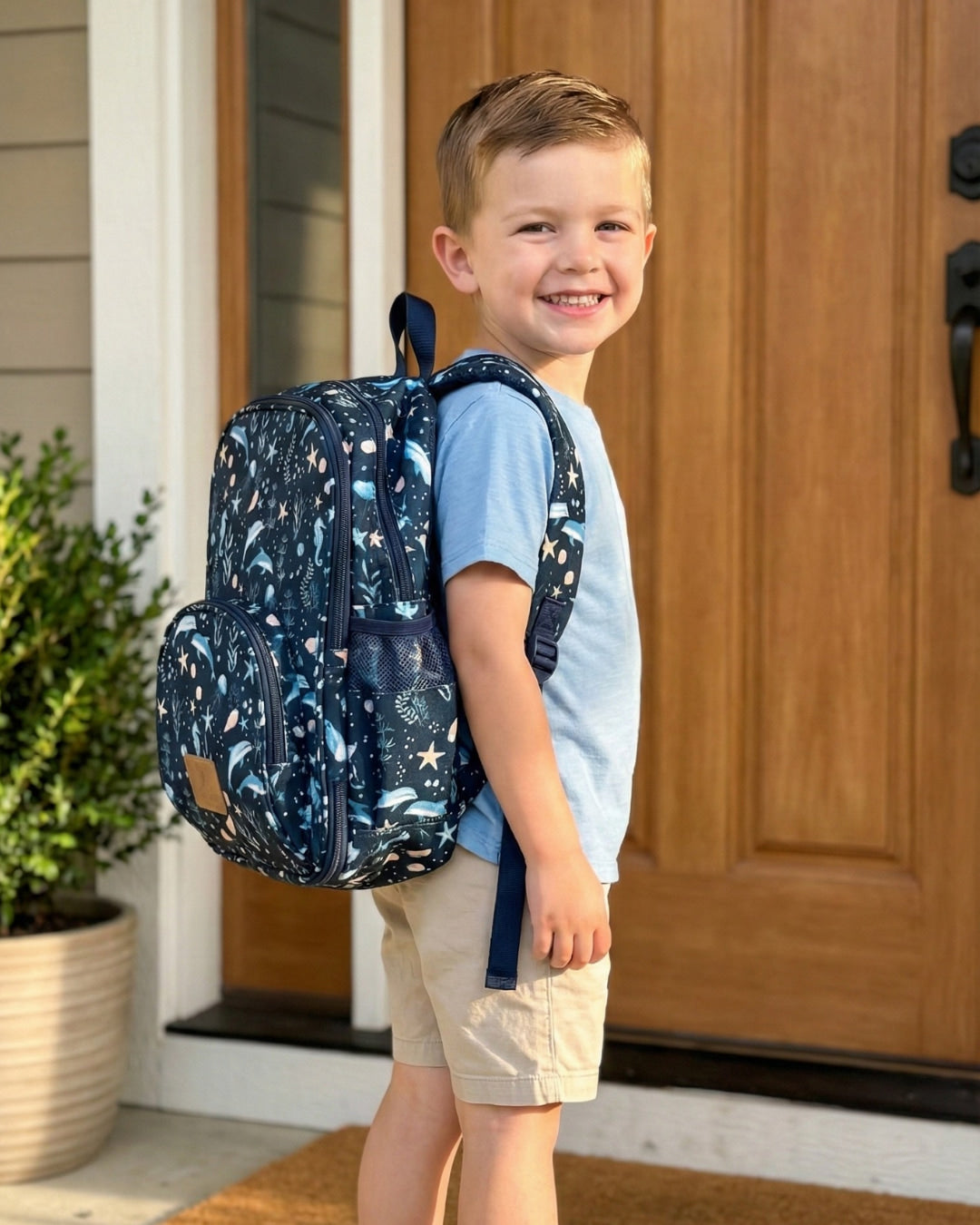 Young boy with a blue patterned backpack standing outside a house.