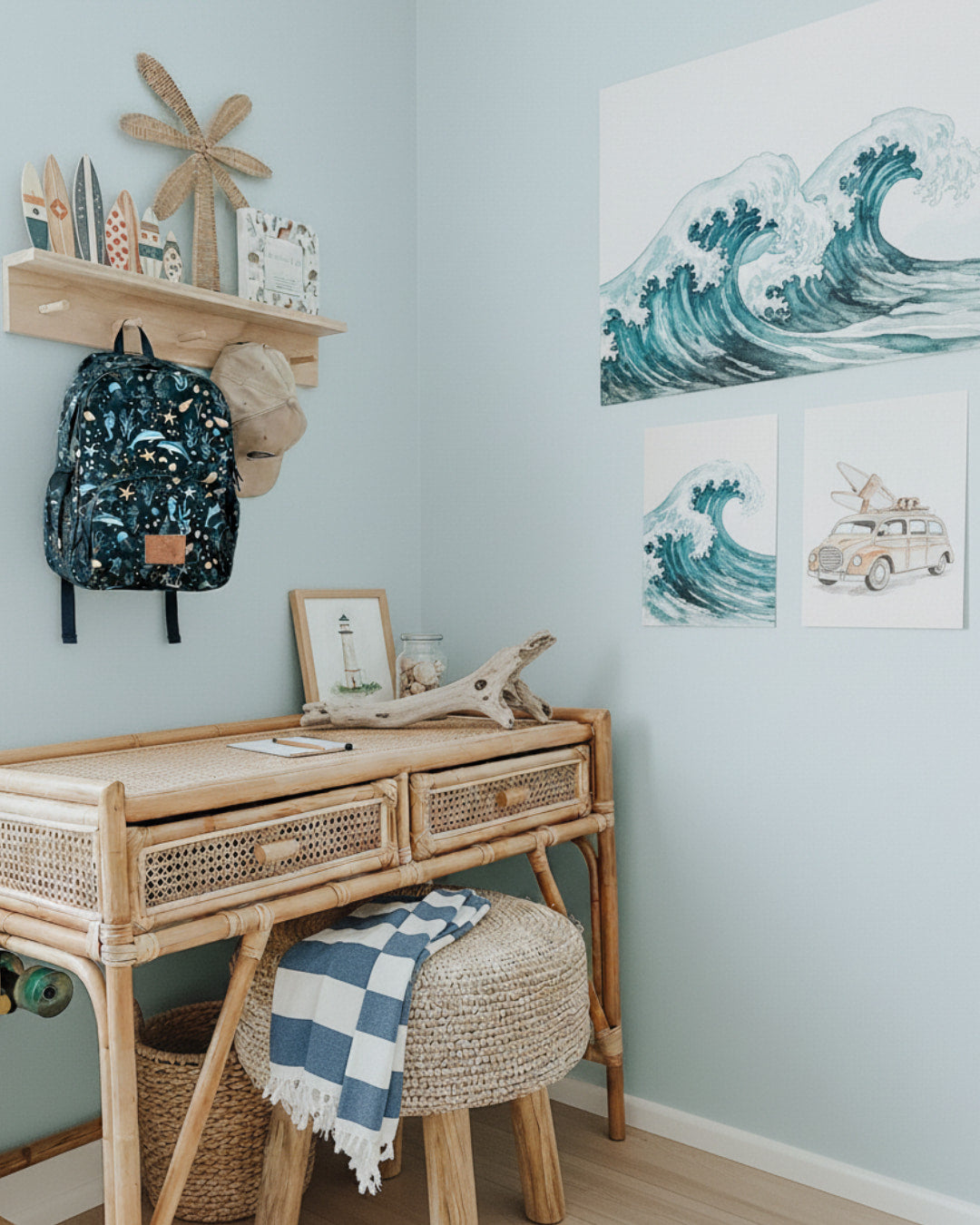 Nautical-themed room with a desk, backpack, and wave decorations.