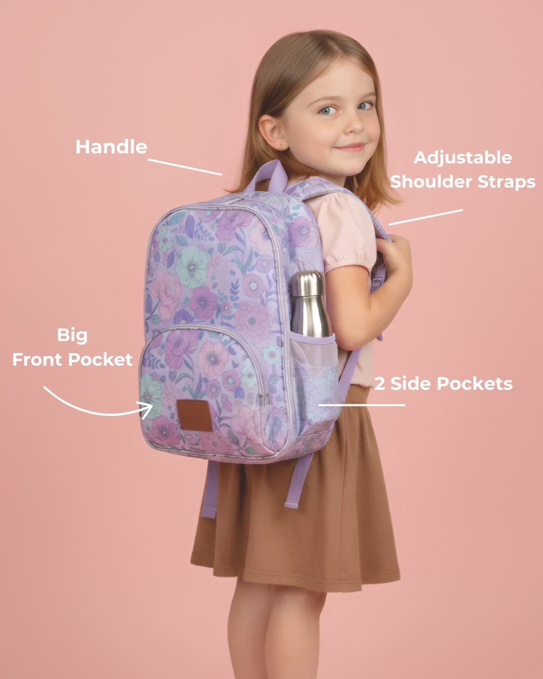 Girl with a purple floral backpack on a pink background