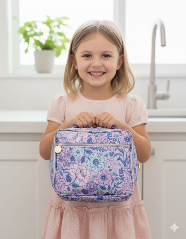 Young girl holding a floral-patterned lunch bag in a kitchen setting