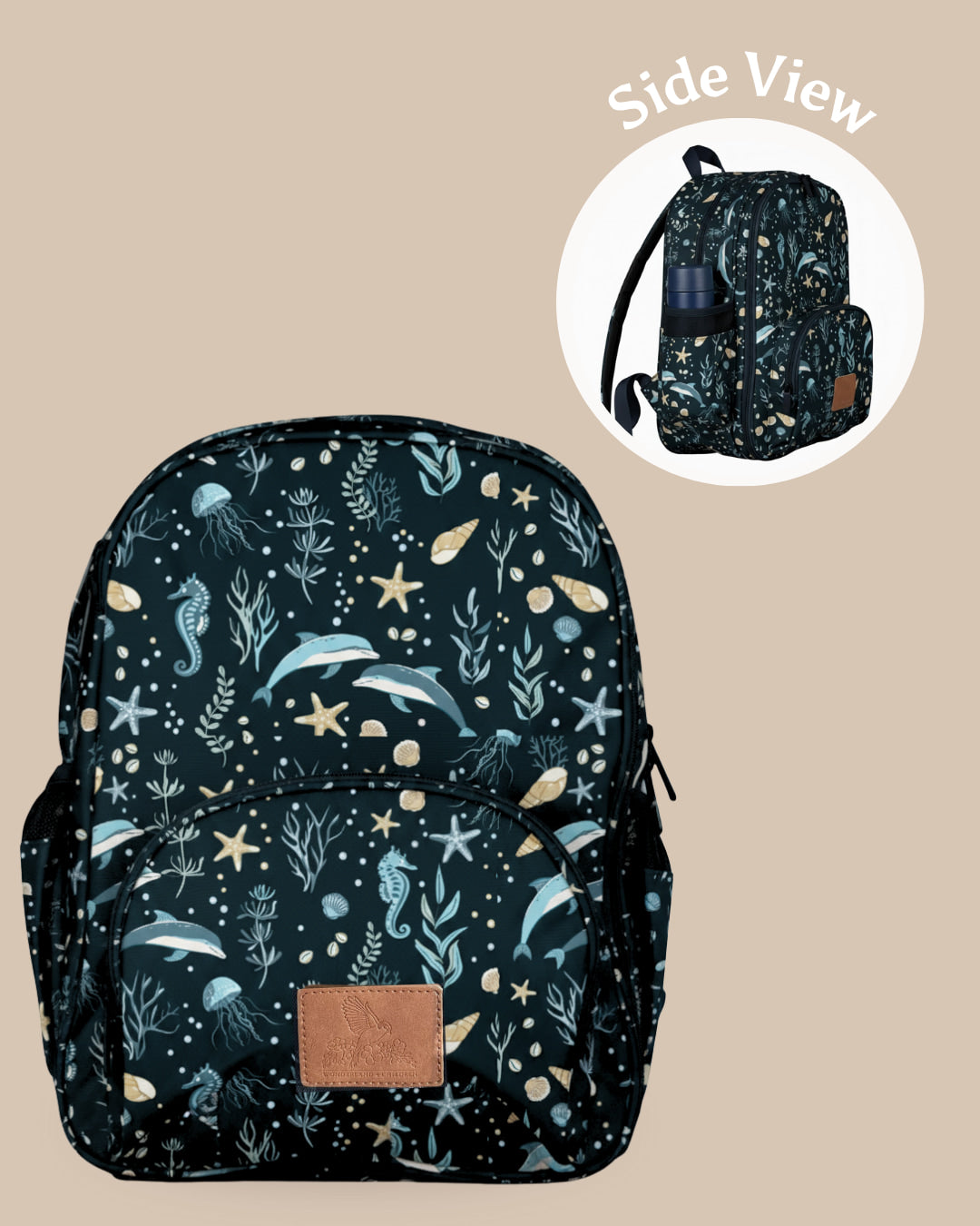 Backpack with ocean-themed pattern on a beige background