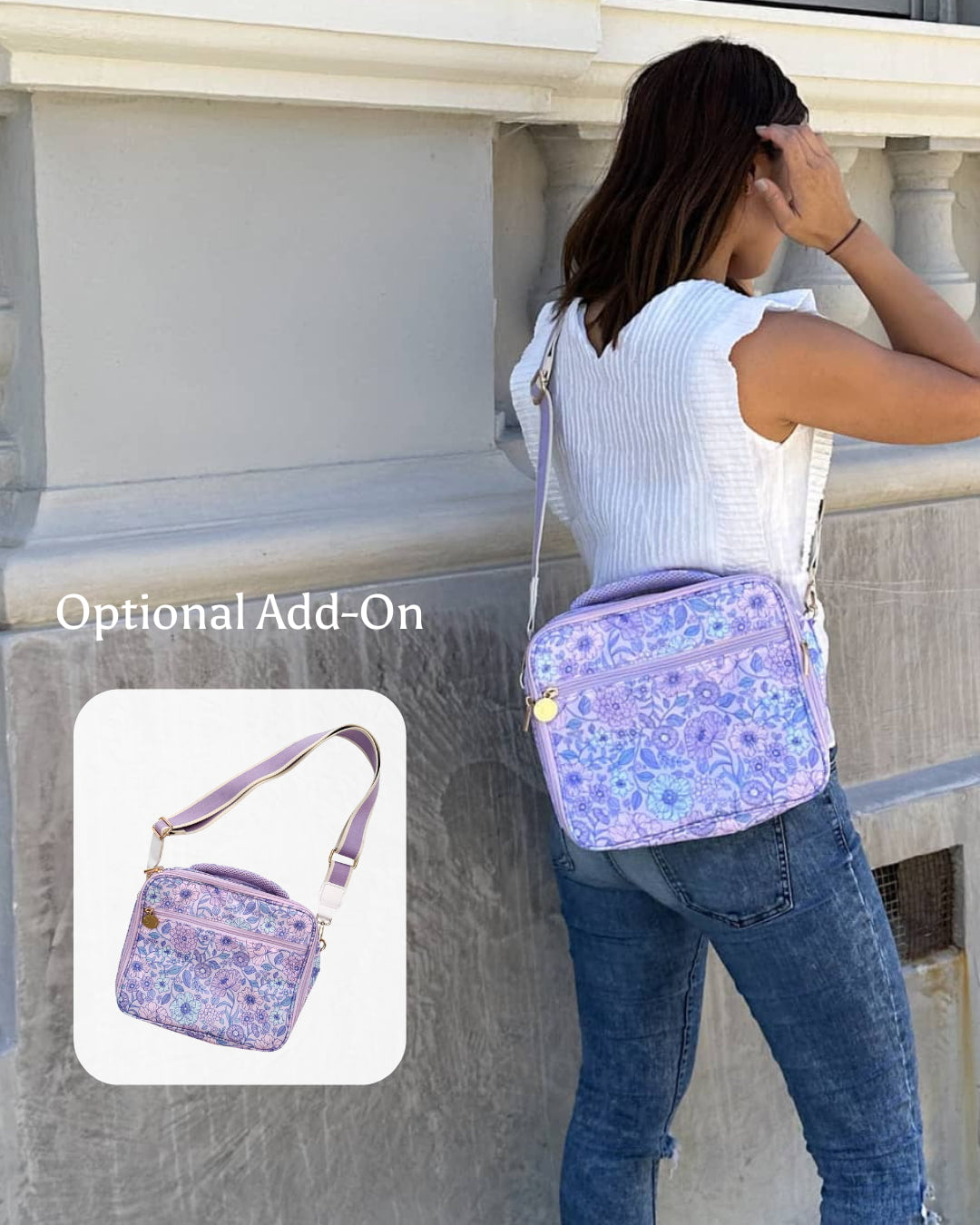 Woman with a floral-patterned crossbody bag, with an inset showing a similar bag.