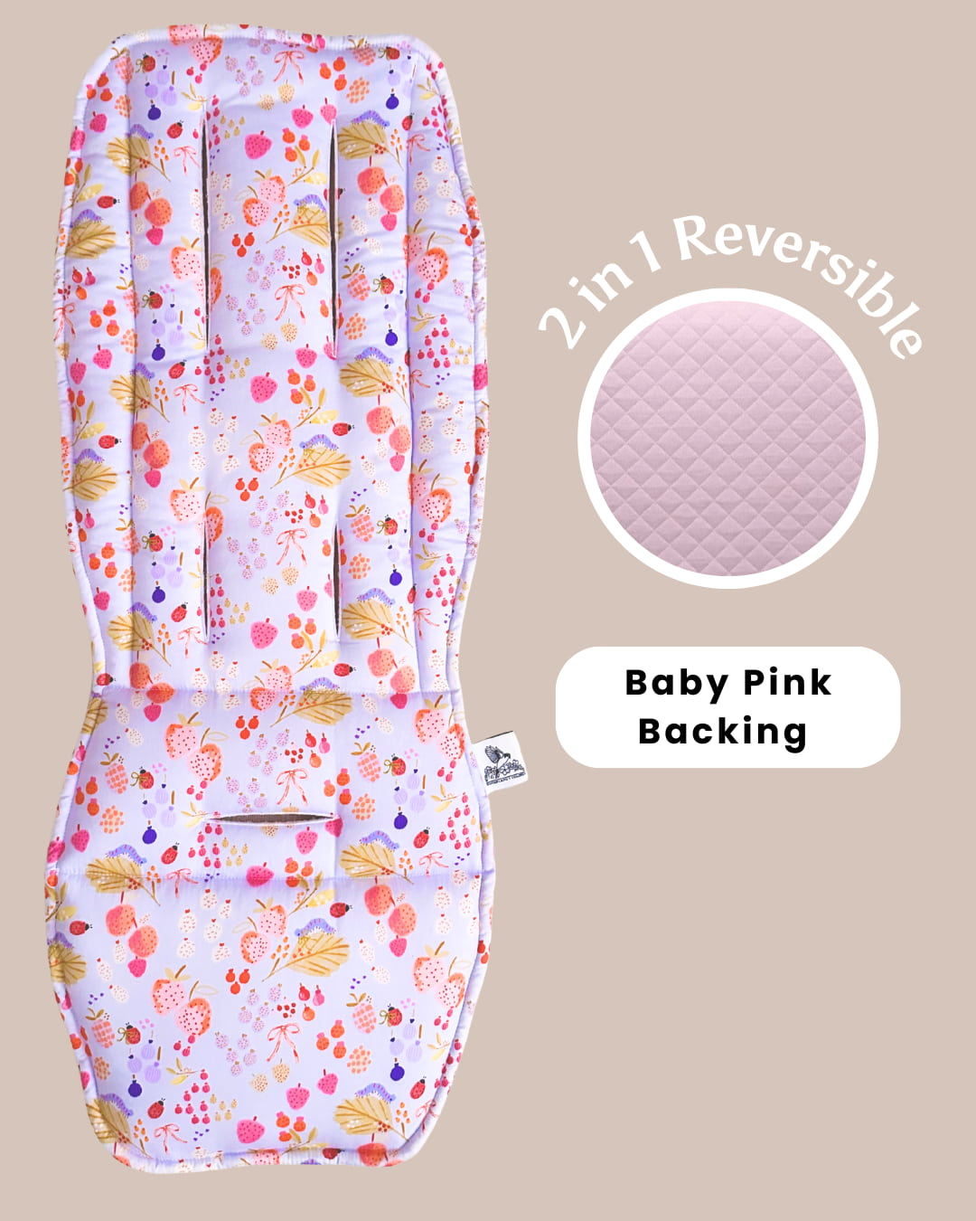 Floral-patterned product with baby pink backing on a beige background