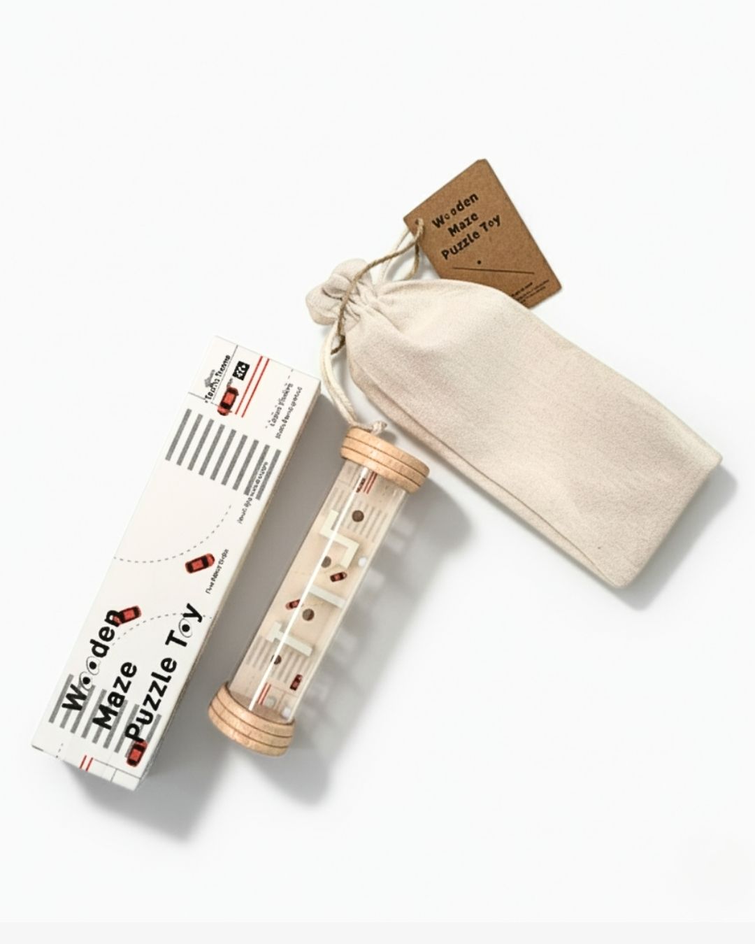 Wooden Rolling Ball Maze Game in red and white design – educational wooden puzzle toy with cotton storage bag and box packaging.