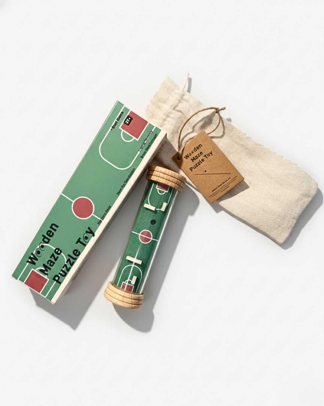 Sports field design Wooden Maze Puzzle Toy – rolling ball maze game for children with natural wood ends and cotton pouch.