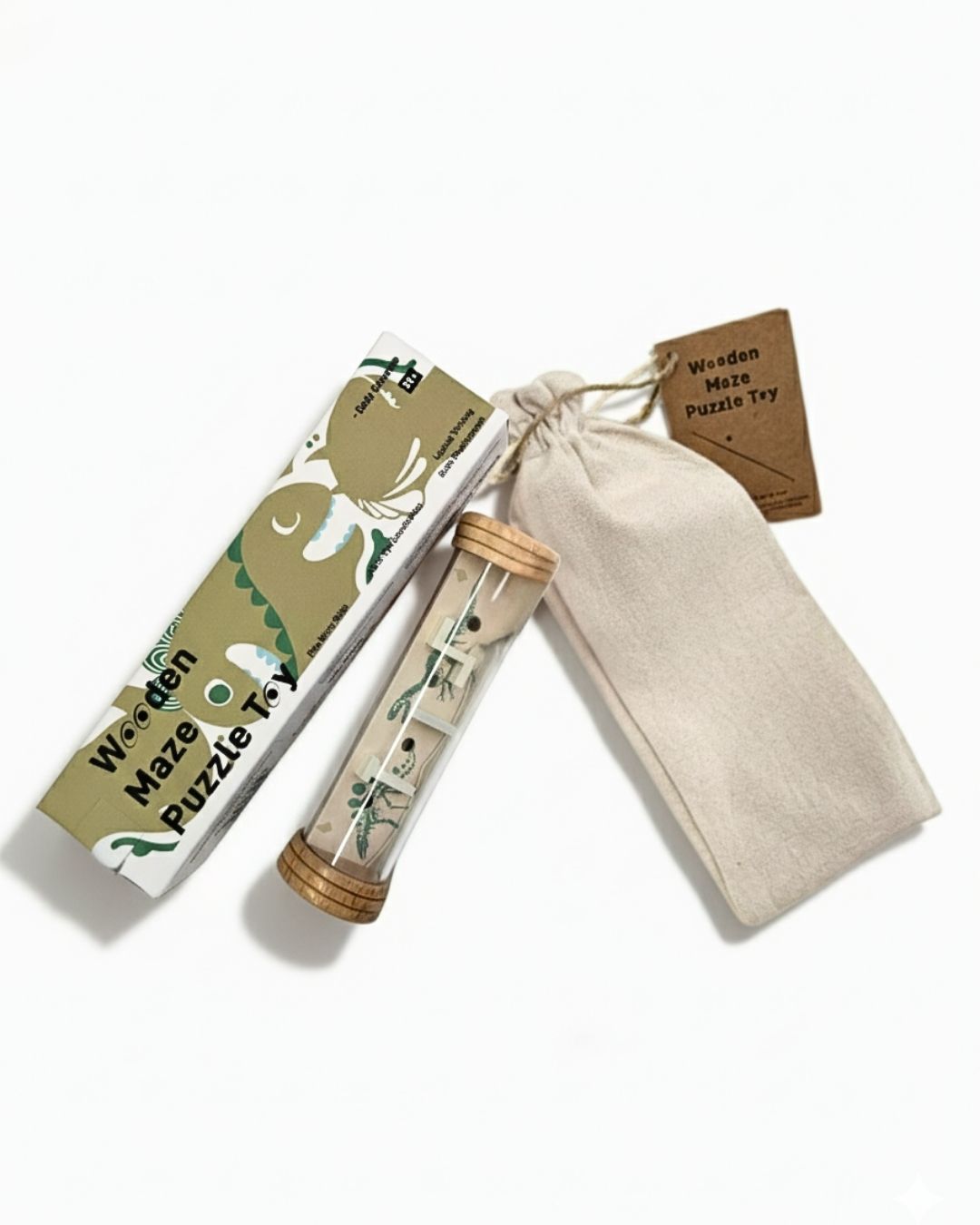 Dinosaur-themed Wooden Maze Puzzle Toy – fun rolling ball game for kids, packed with fabric pouch and eco box.